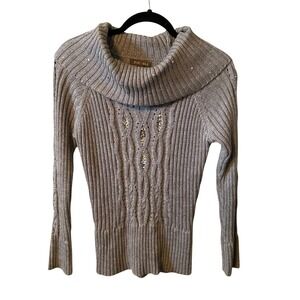 ROZ & ALI Gray Ribbed Metallic Cowl Neck Sequin Accent Sweater Size M‎